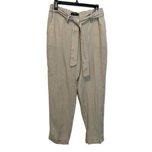 Ellen Tracy Tan Linen Cuffed Hem Belted Back Elastic Waist‎ Band Pants Trousers